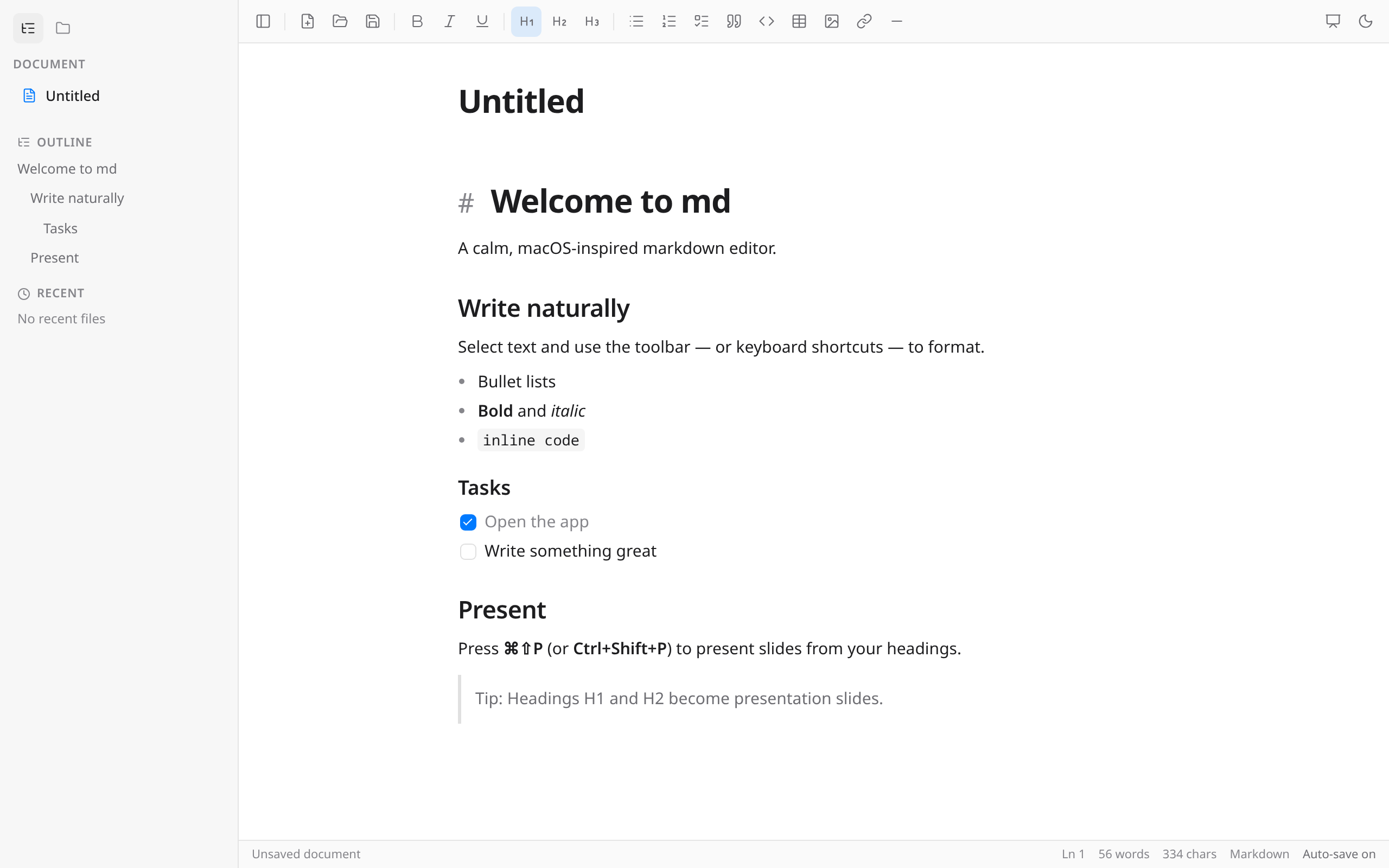 The editor, light mode