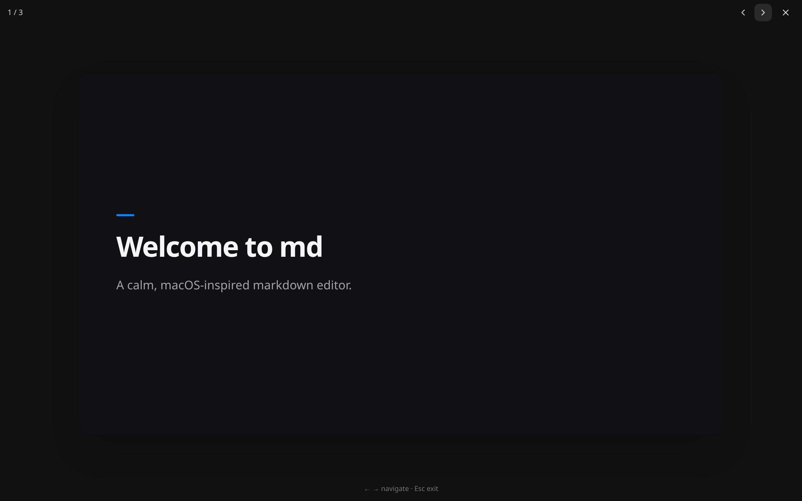 Present mode — a Markdown file becomes slides